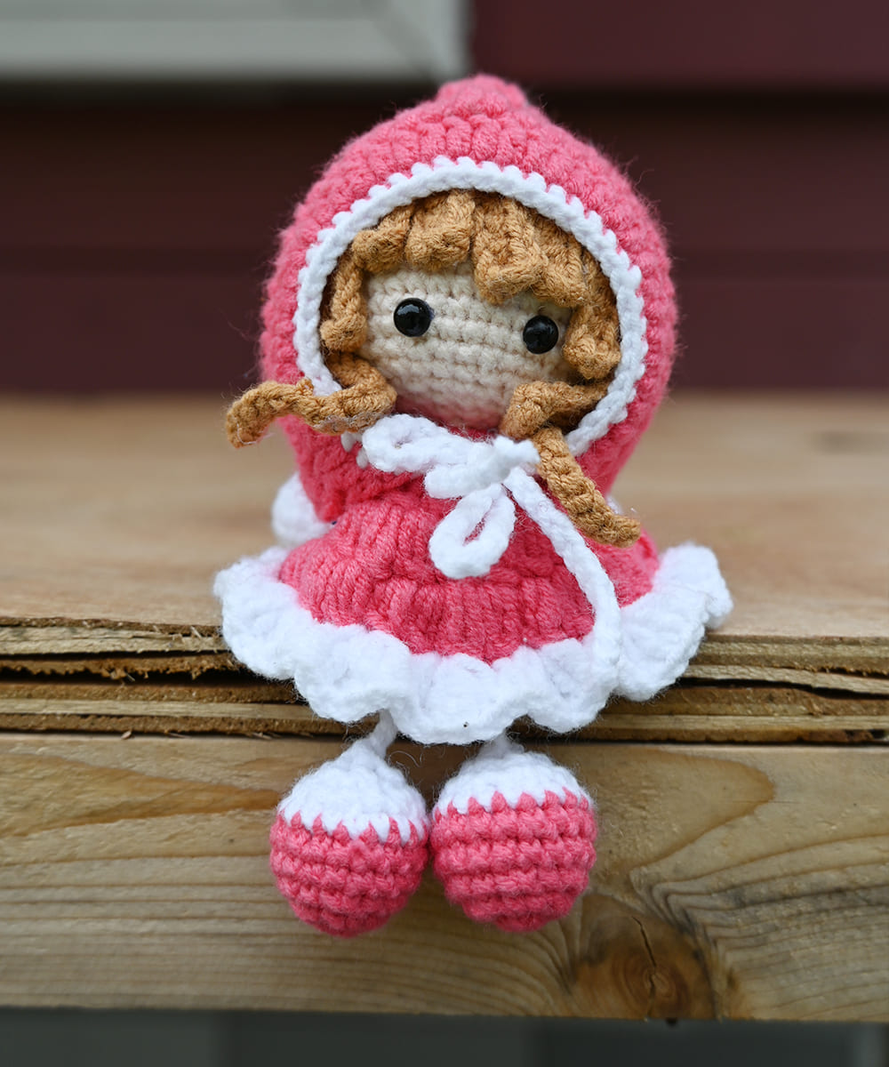 Retro Amigurumi hanging leg doll, handmade crochet toy doll—Carmine Red